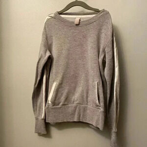 Athleta girl gray sweatshirt white satin stripes arms kangaroo pouch small